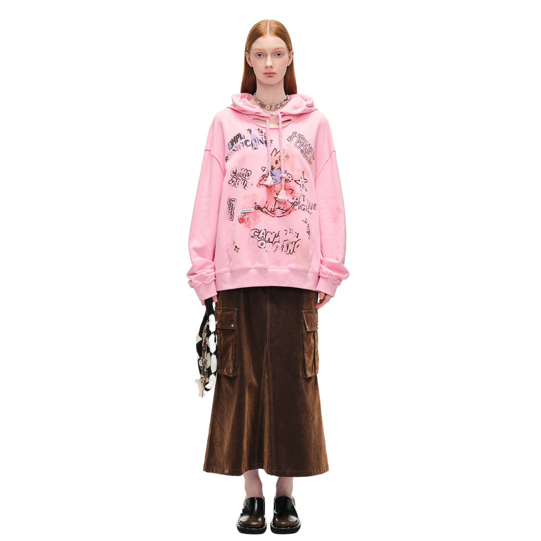 Alexia Sandra Printed Graffiti Rabbit Distressed Hoodie Pink