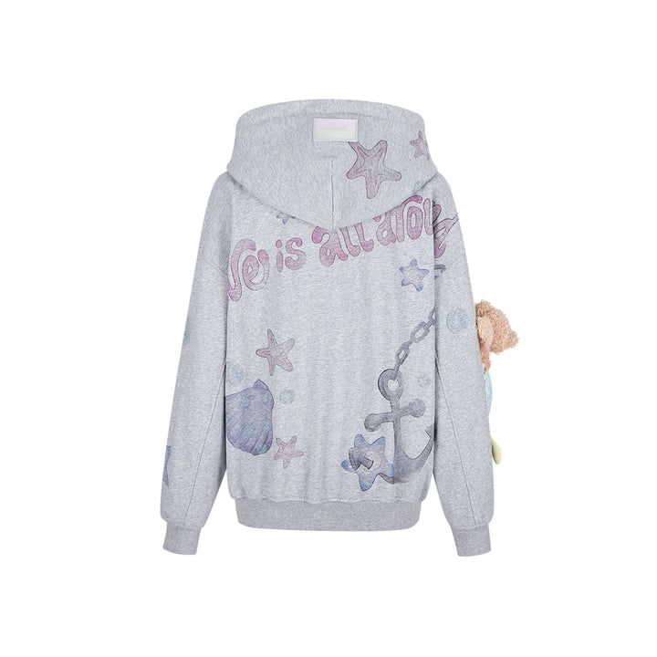 13De Marzo Plush Bear Graffiti Zip Up Hoodie Gray