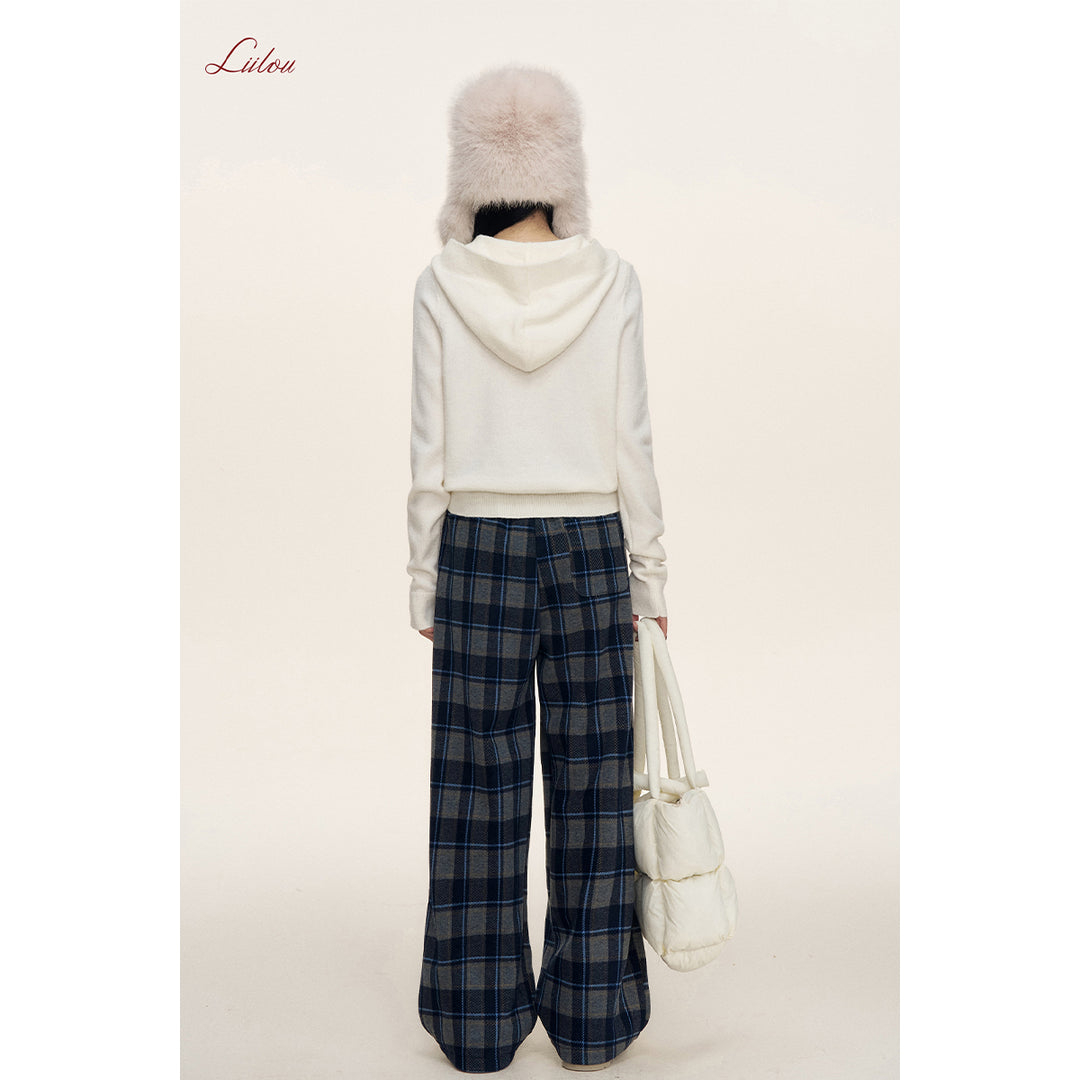 Liilou Contrast Color Plaid Tweed Thicken Casual Pants