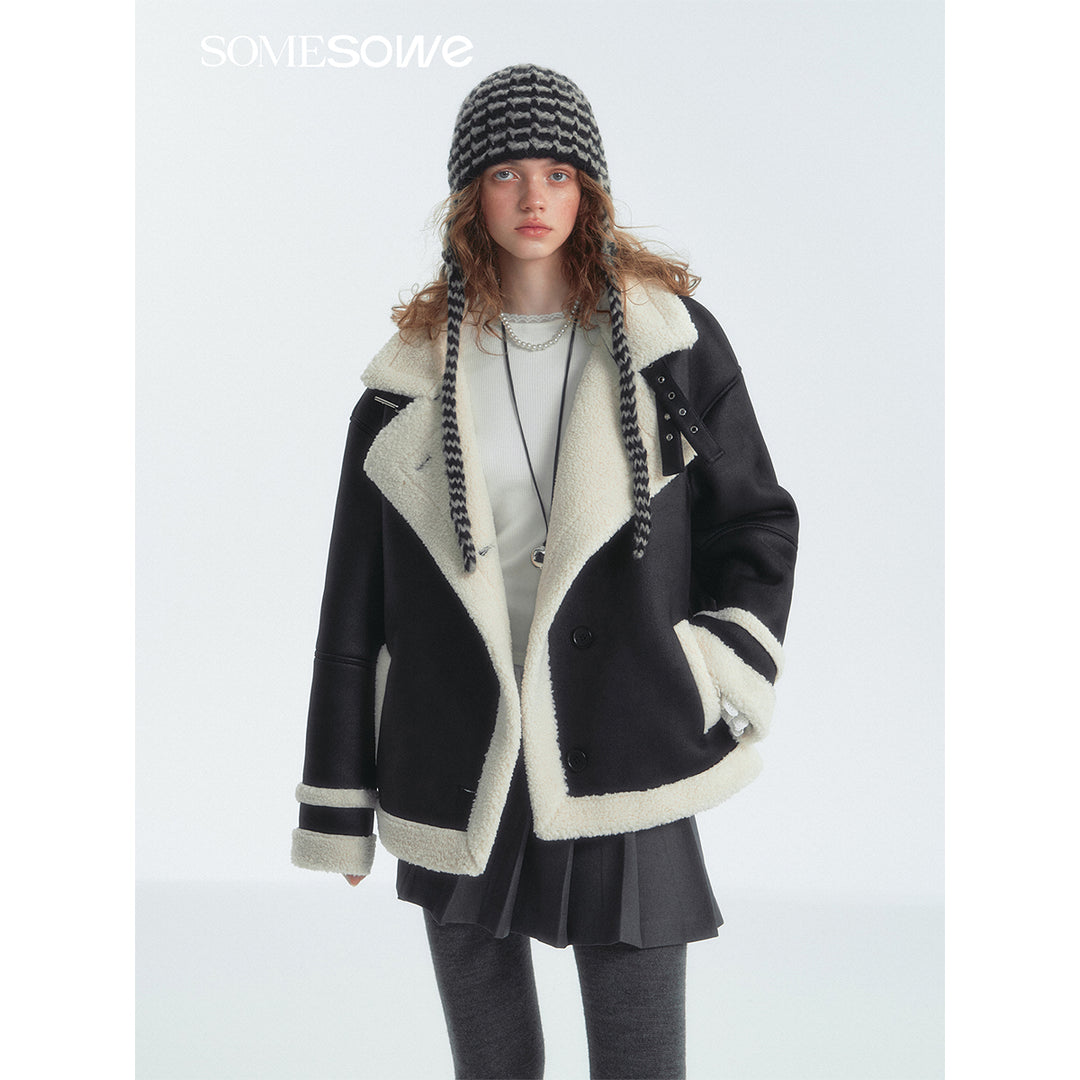 SomeSowe Leather Integrated Furry Locomotive Jacket Black