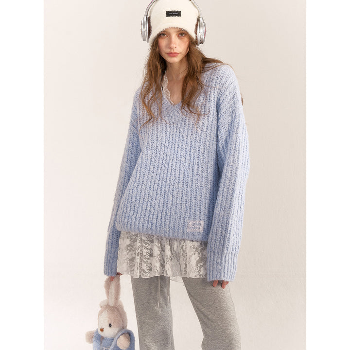 AsGony Blended Woolen V-Neck Knit Sweater Blue