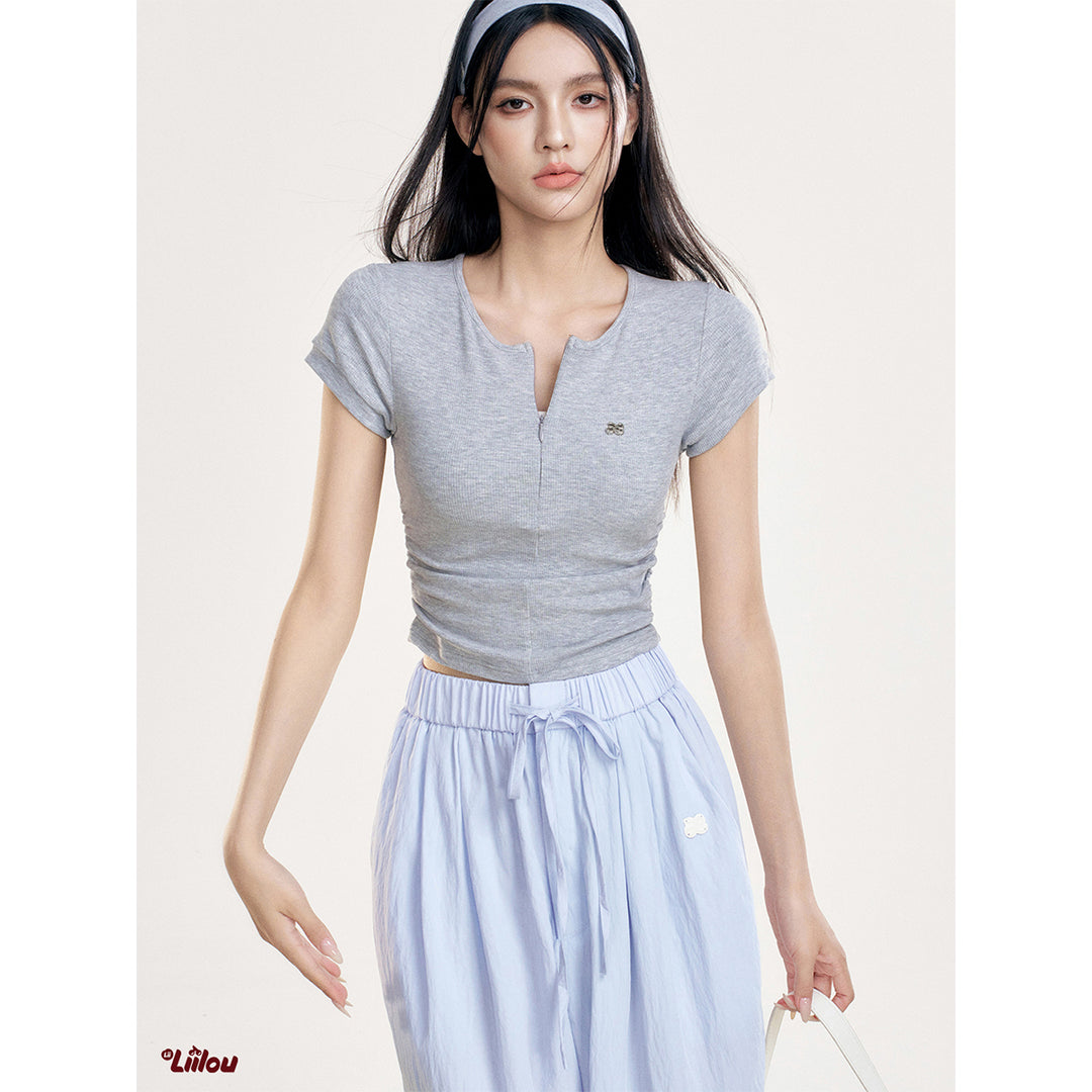 Liilou Zip Up Pleated Waisted Slim T-Shirt Gray