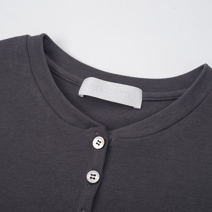 Three Quarters Hotfix Logo Henry Collar Slim Top Gray