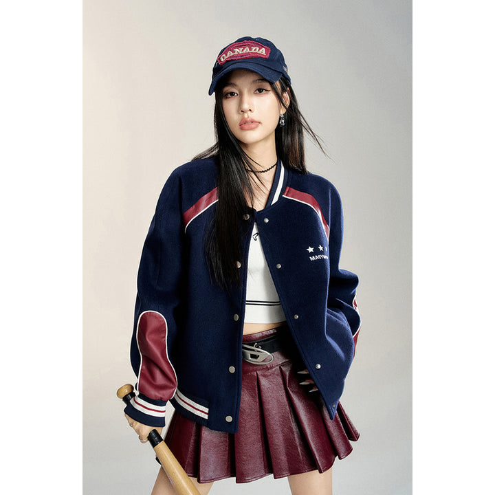 MacyMccoy Retro Patchwork Leather Baseball Jacket