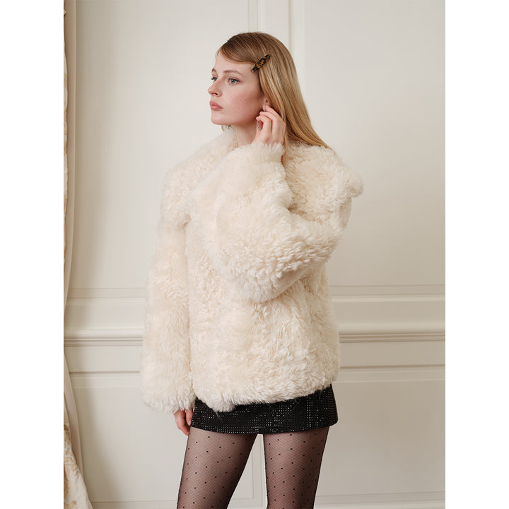 Rocha Roma Big Lapel Woolen Fur Jacket Beige