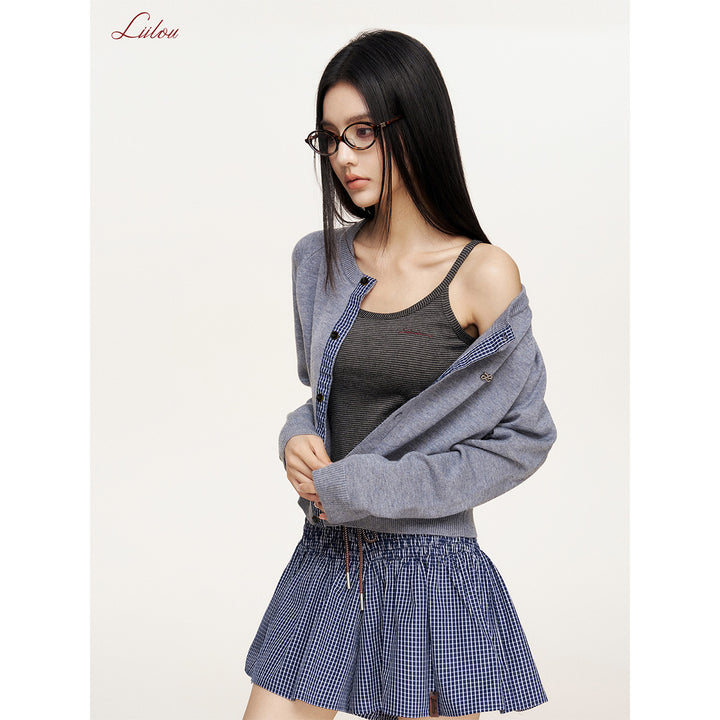 Liilou A-Line Plaid Elastic-Waist Skirt Navy Blue