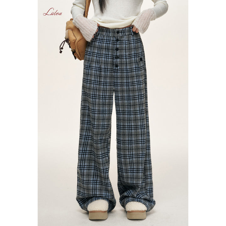 Liilou Plaid Contrast Color Wide-Leg Tweed Pants Blue