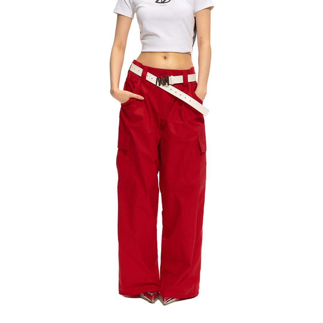NAWS Textured Low-Rise Cargo Pocket Relaxed Fit Pants Red