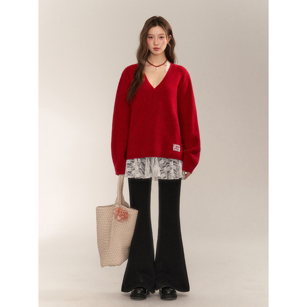 AsGony Retro V-Neck Casual Knit Sweater Red