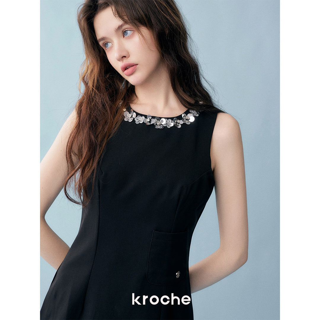 Kroche Sequin Beaded Floral Sleeveless Dress Black