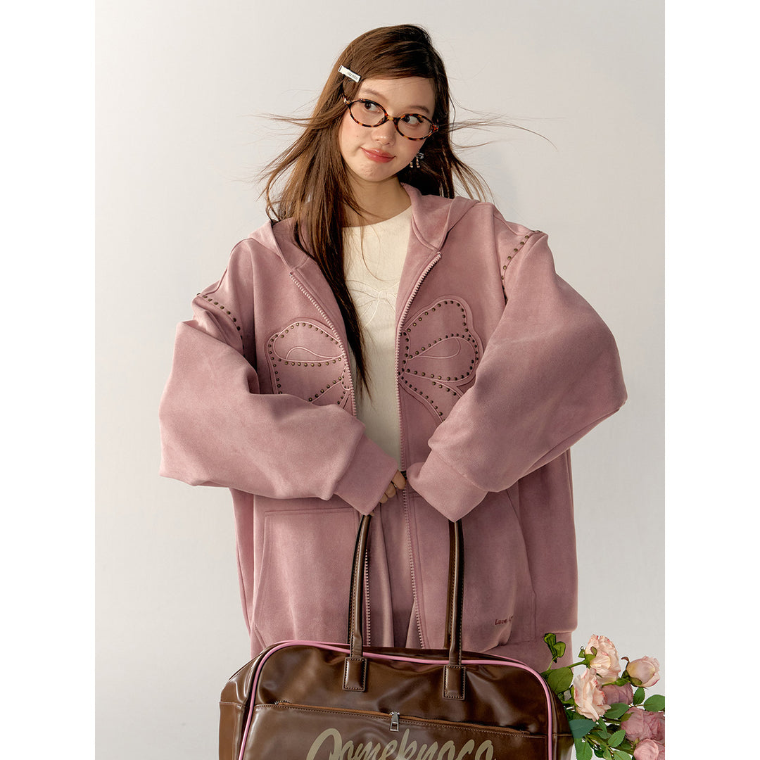 AsGony Bow Suede Lapel Casual Jacket Pink