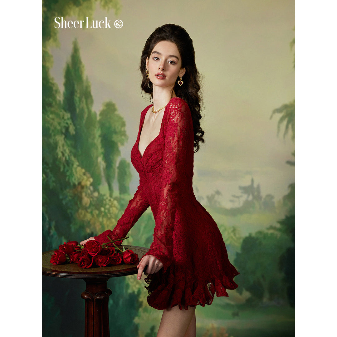 Sheer Luck Laura French Lace Waist-In Dress Red