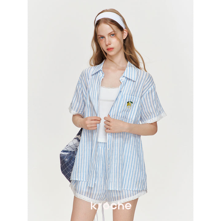 Kroche Lace Edge Hollow Out Striped Embroidery Shirt Blue