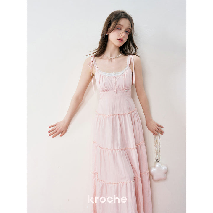 Kroche Lace Up Waisting Halter Dress Pink