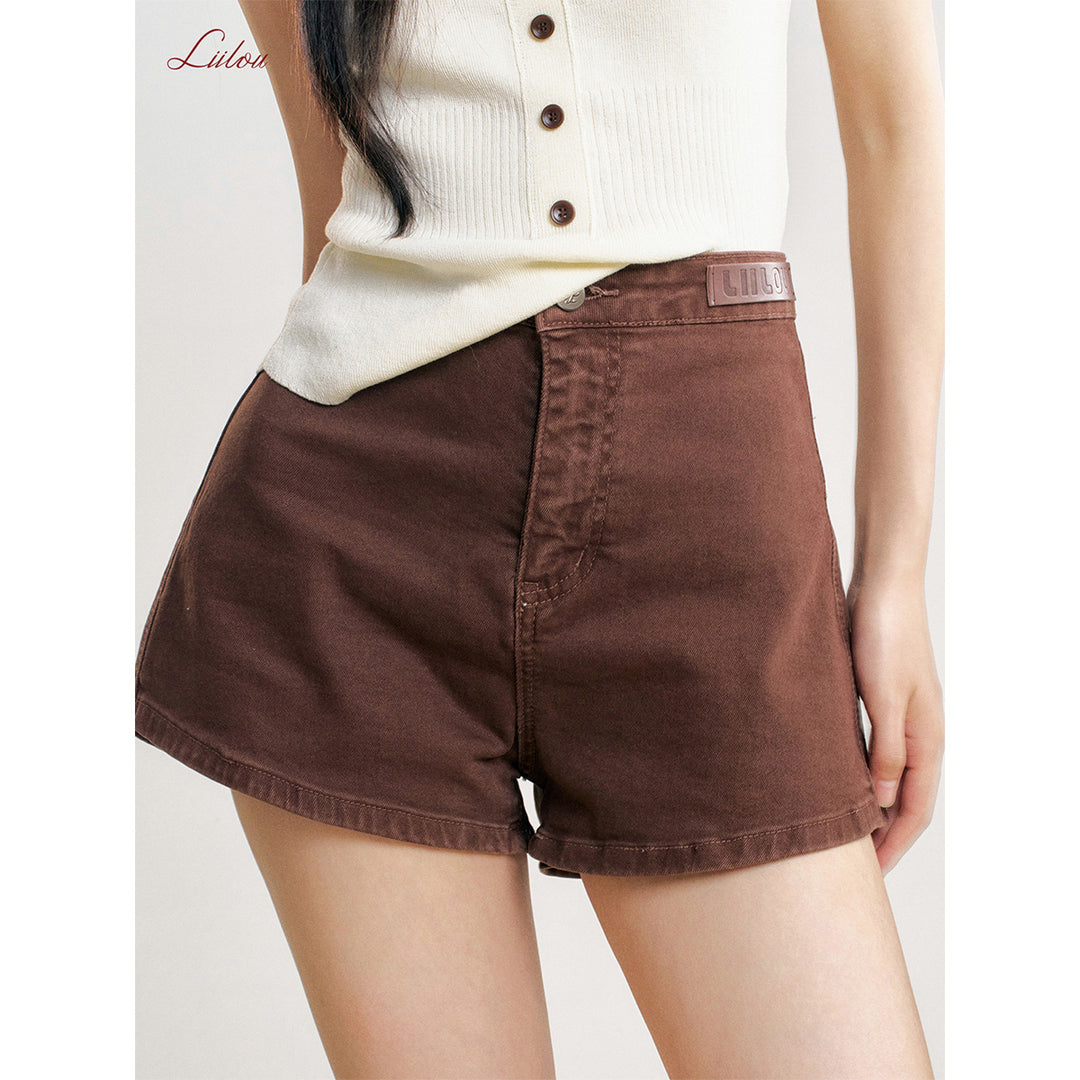 Liilou Retro High Waist A-Line Denim Shorts Brown