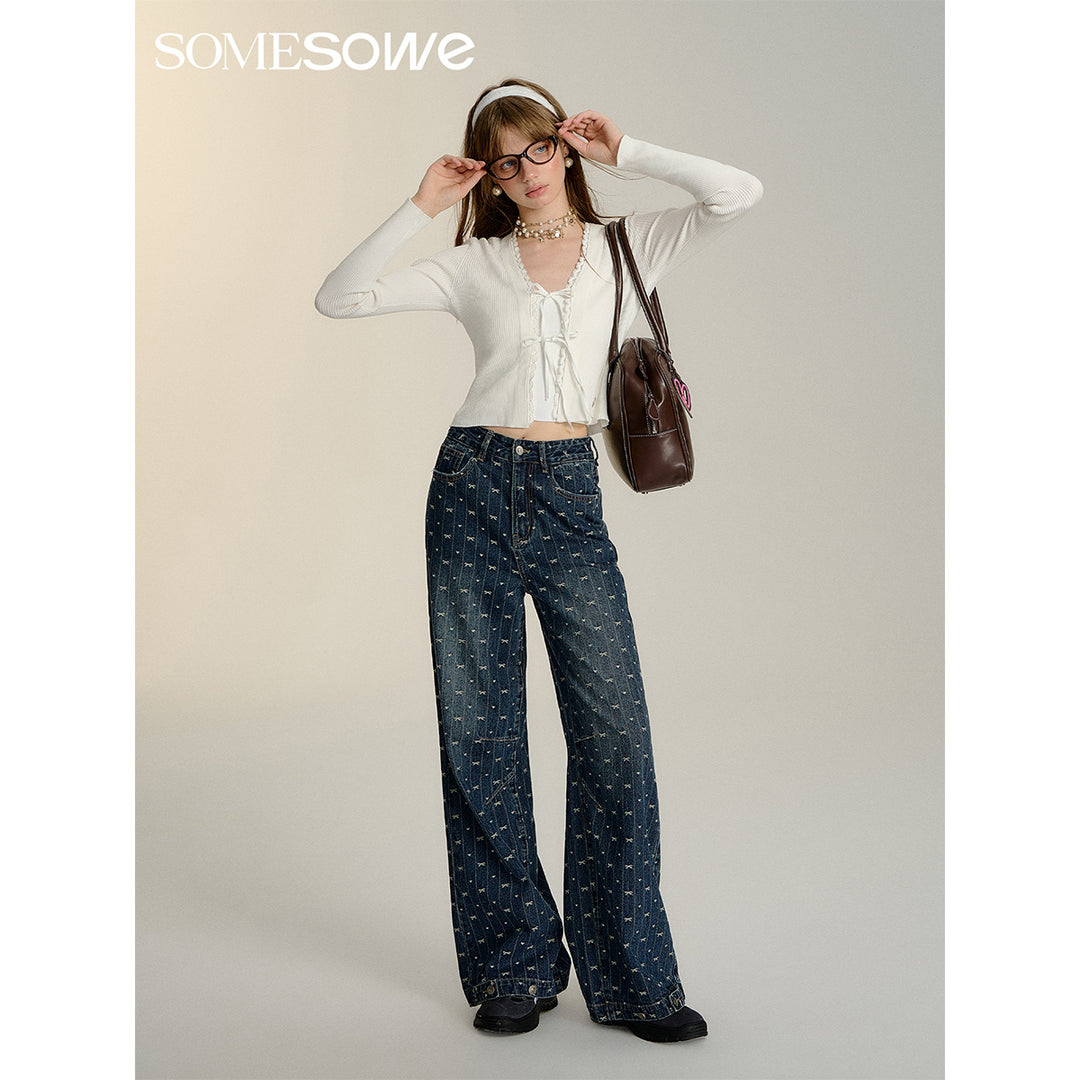 SomeSowe Vintage Bow Wide-Leg Jeans Blue