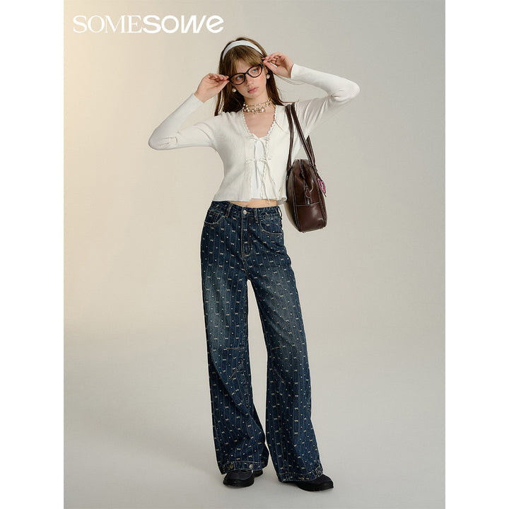 SomeSowe Vintage Bow Wide-Leg Jeans Blue