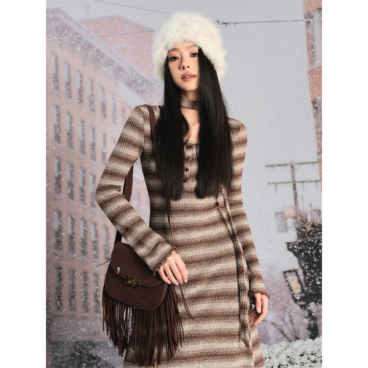 Liilou Vintage Color Blocked Striped Knit Dress