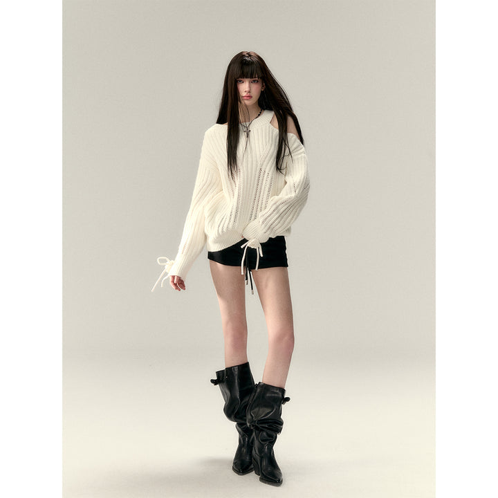 Via Pitti Rose Bow Irregular Collar Two-Way Sweater White