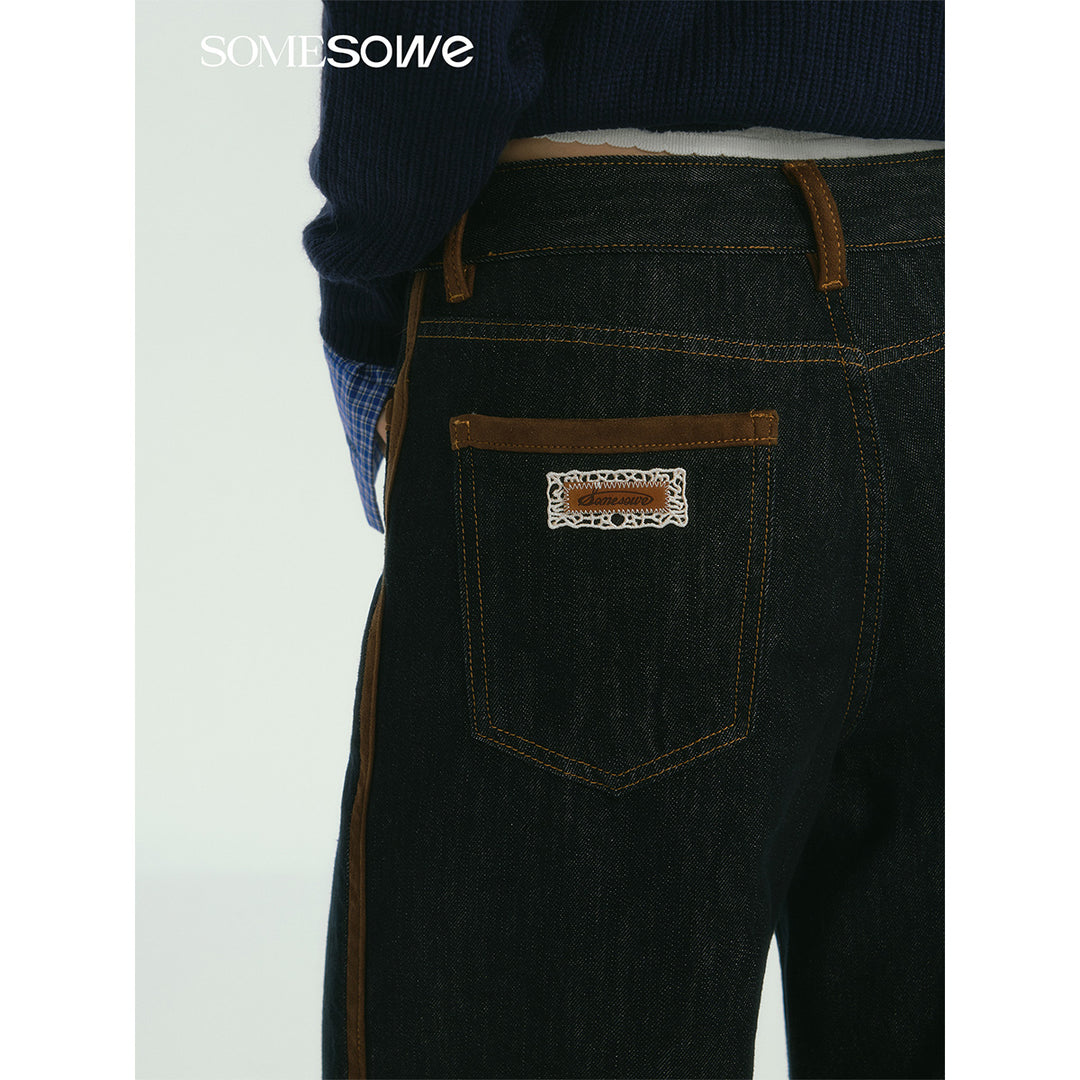 SomeSowe Suede Patchwork Wide-Leg Jeans Dark Blue