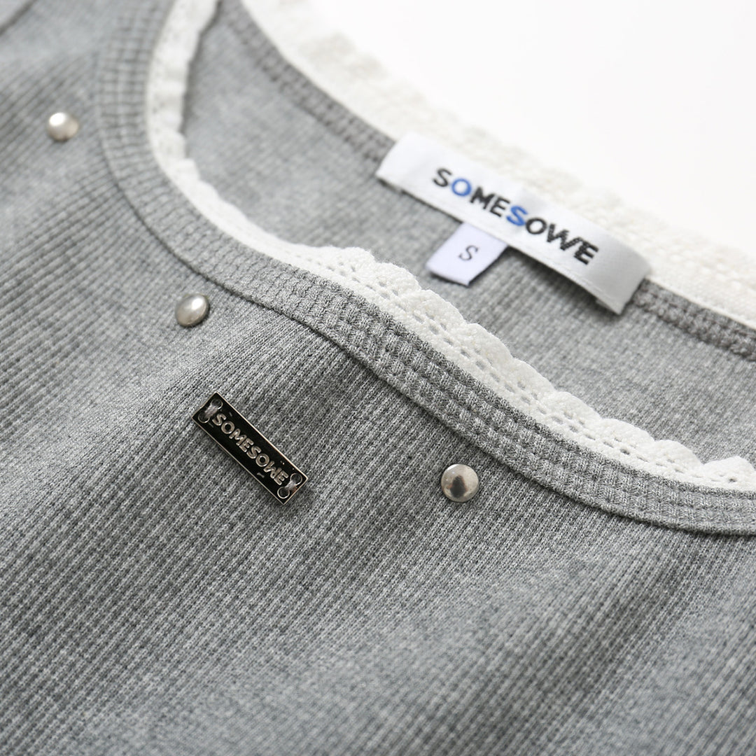 SomeSowe Lace Edge Rivet Knit Vest Gray