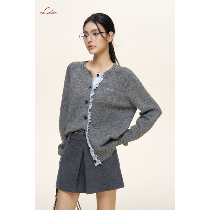 Liilou Plaid Patchwork Double Waist Woolen Tweed Skirt Gray