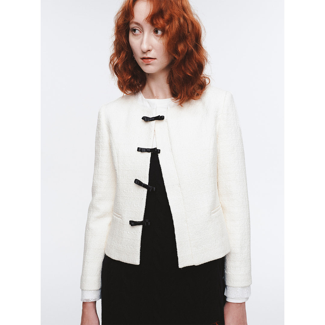 Herlian Bow Buttons Stand Collar Tweed Jacket White