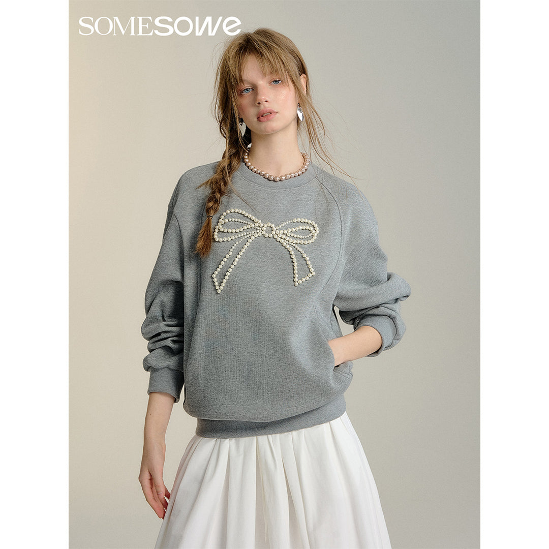 SomeSowe Bow Beaded Crewneck Sweatshirt Gray