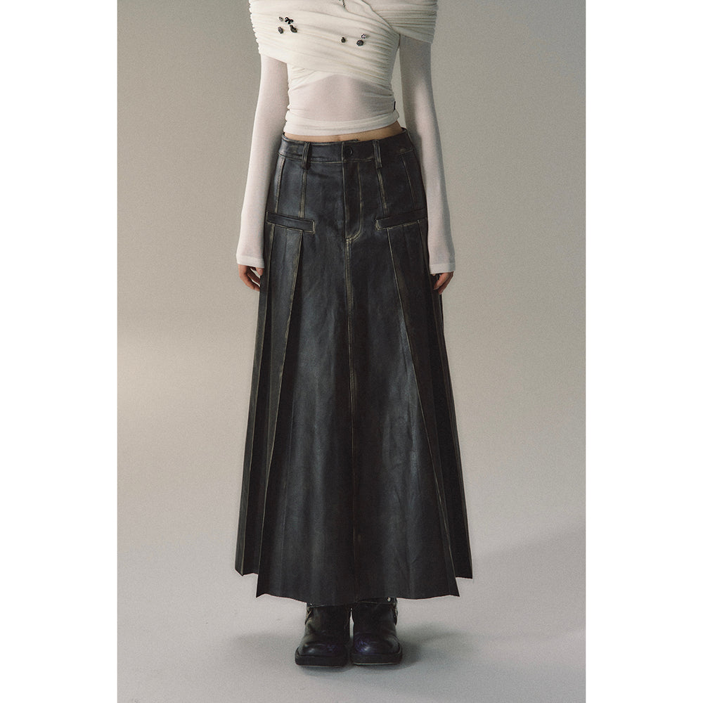 Via Pitti Brush-Off Leather Pleated Long Skirt - Mores Studio