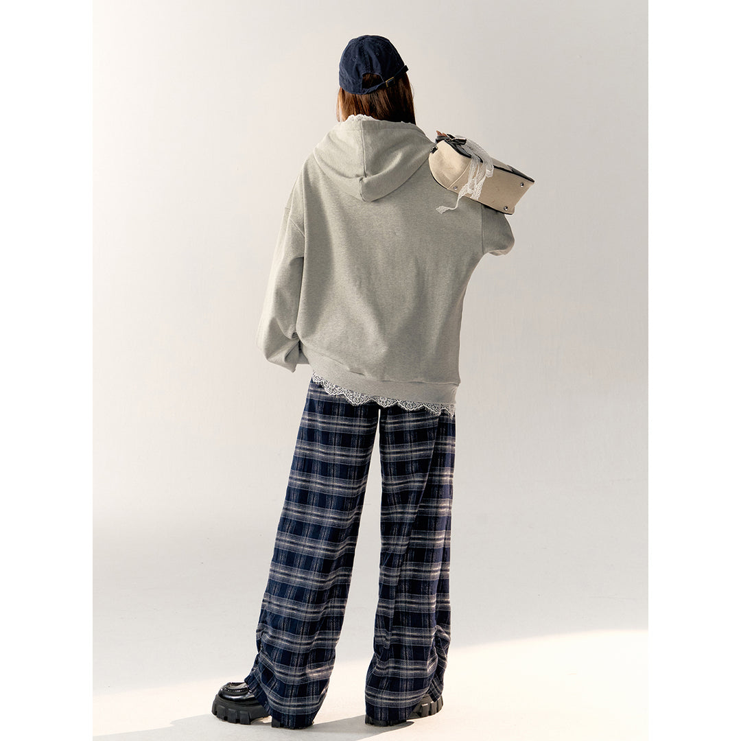 AsGony Retro Plaid High Waist Wide-Leg Pants Navy Blue