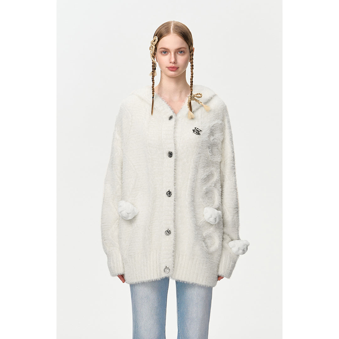 13De Marzo Bear Jacquard Knit Furry Hooded Cardigan White