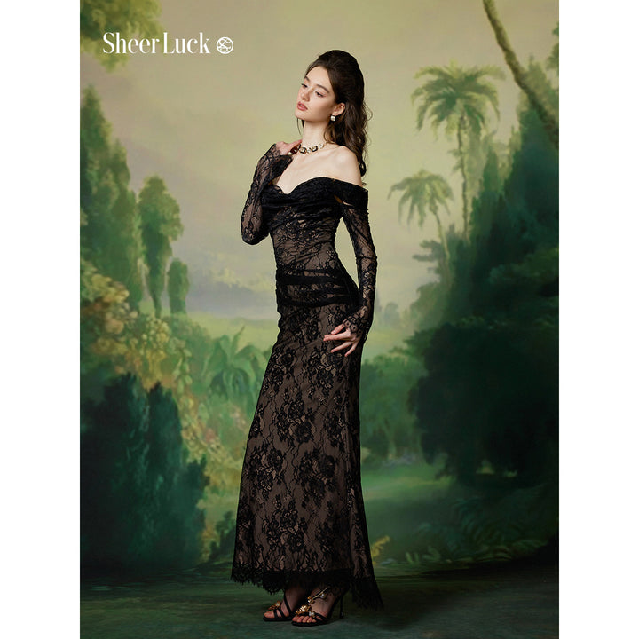 Sheer Luck Ariel Lace Fishbone Flare Dress Black