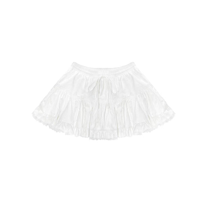 AsGony Retro Lace Edge Elastic-Waist Puffy Skirt White