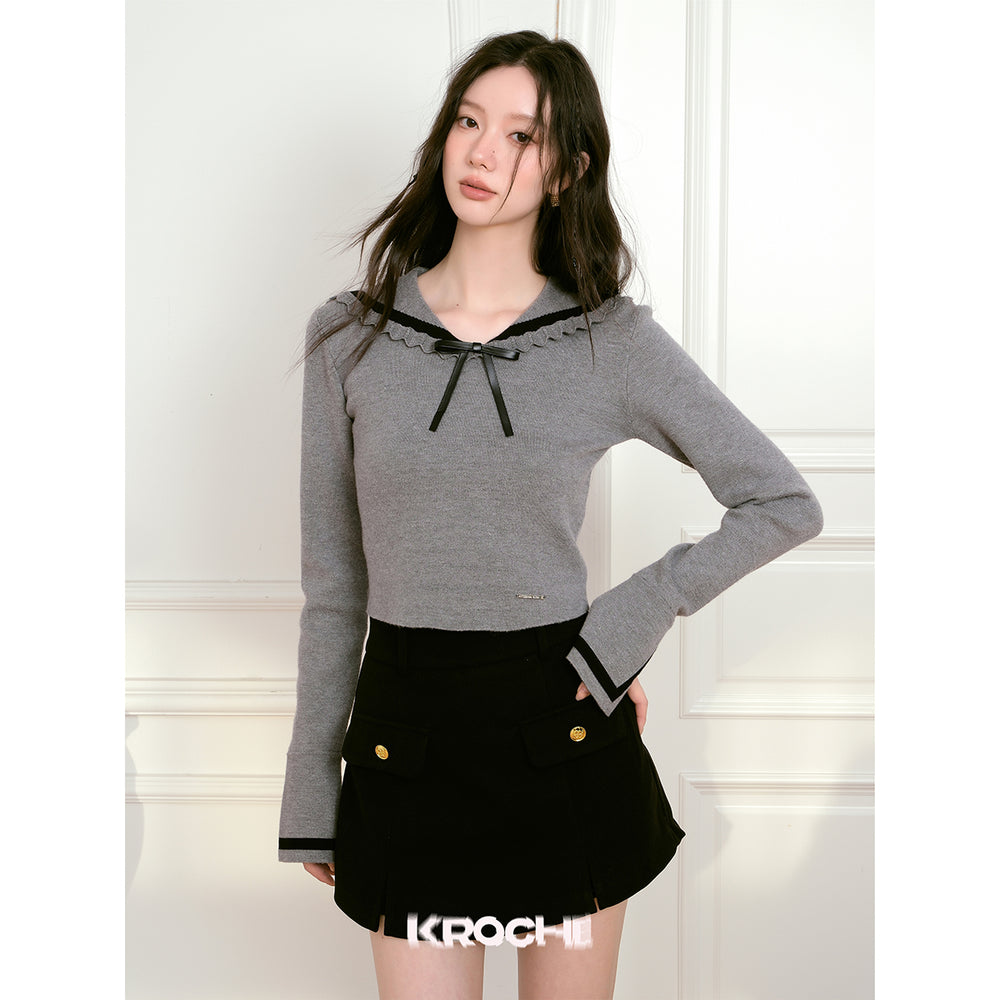 Kroche Color Blocked Bow-Knot Sailor Collar Knit Top Grey - Mores Studio