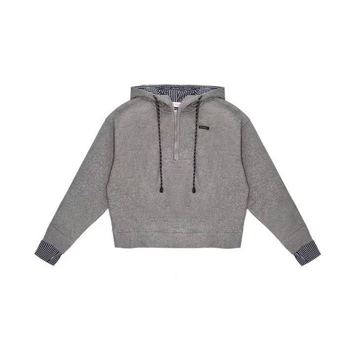 AsGony Fake-2-Piece Plaid Patchwork Casual Hoodie Gray