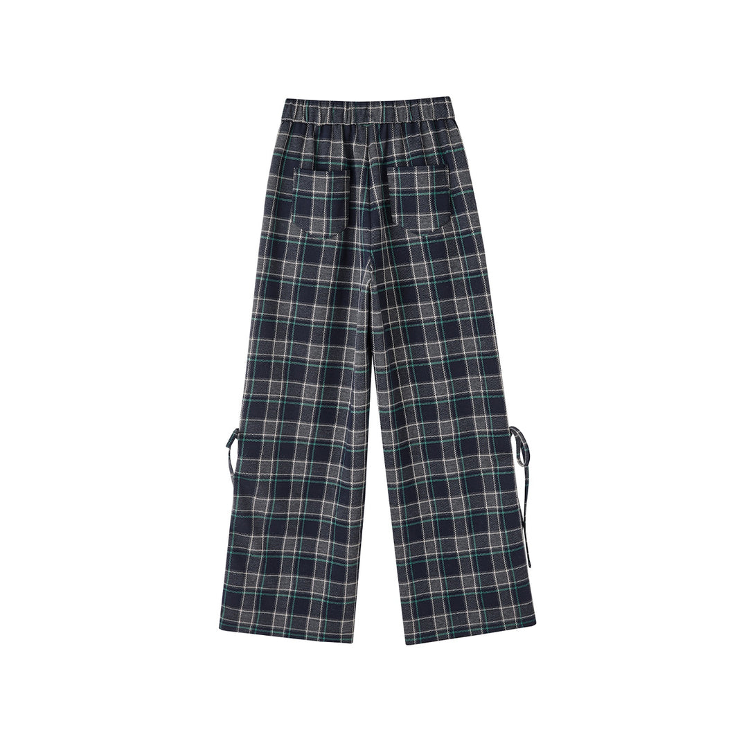 SomeSowe Bow Drawstring Plaid Wide-Leg Pants Blue