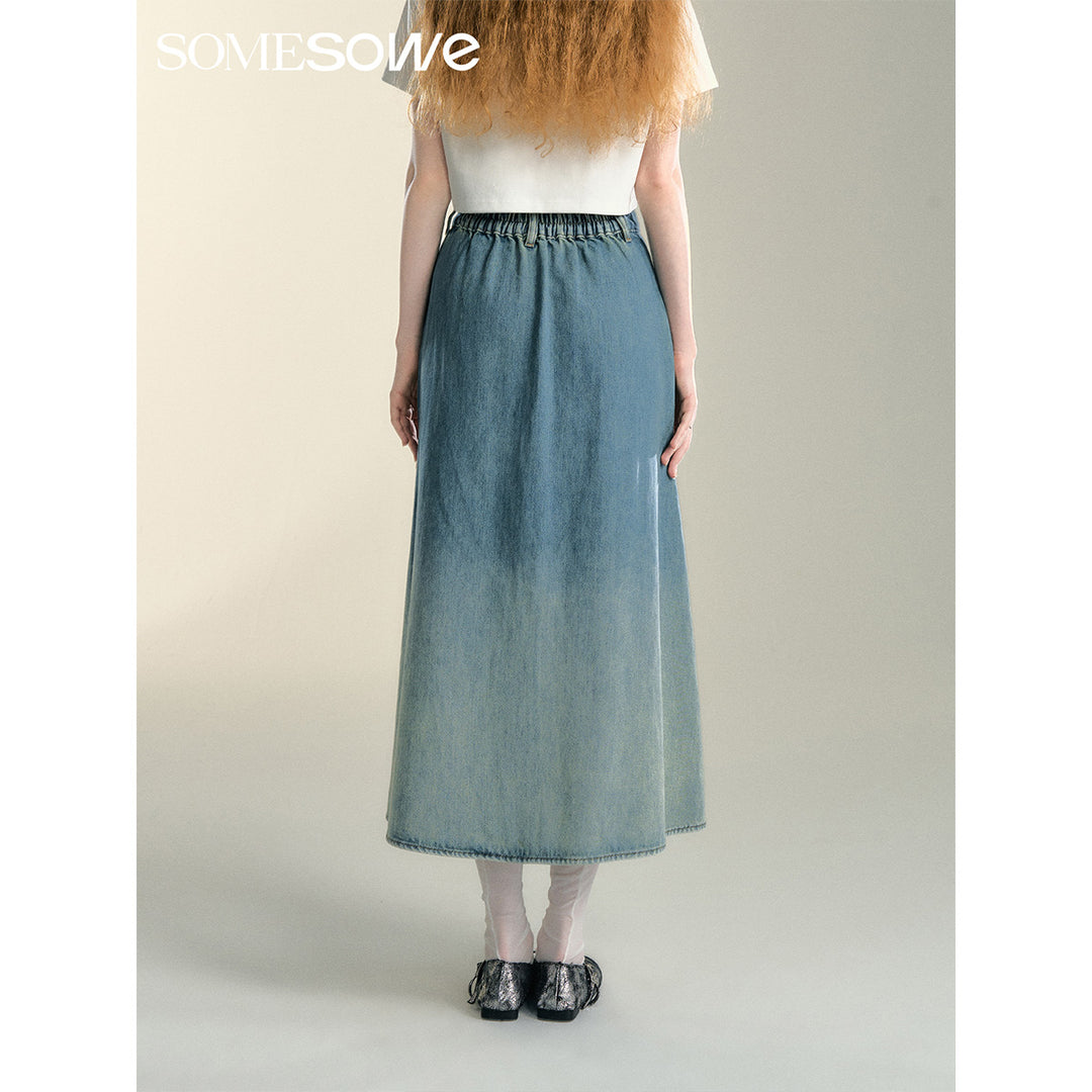 SomeSowe Gradient Stereo bow Denim Long Skirt