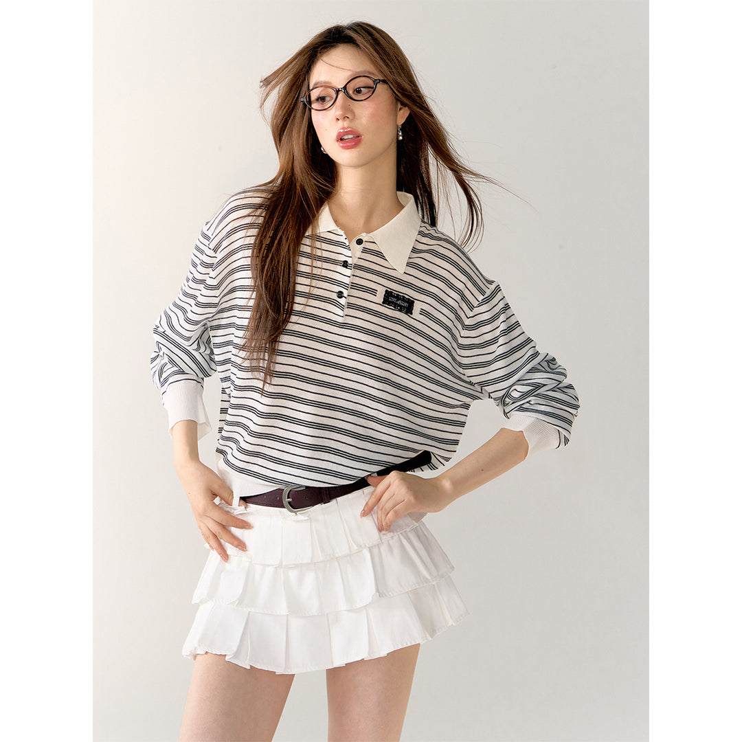 AsGony Contrast Color Striped L/S Polo T-Shirt