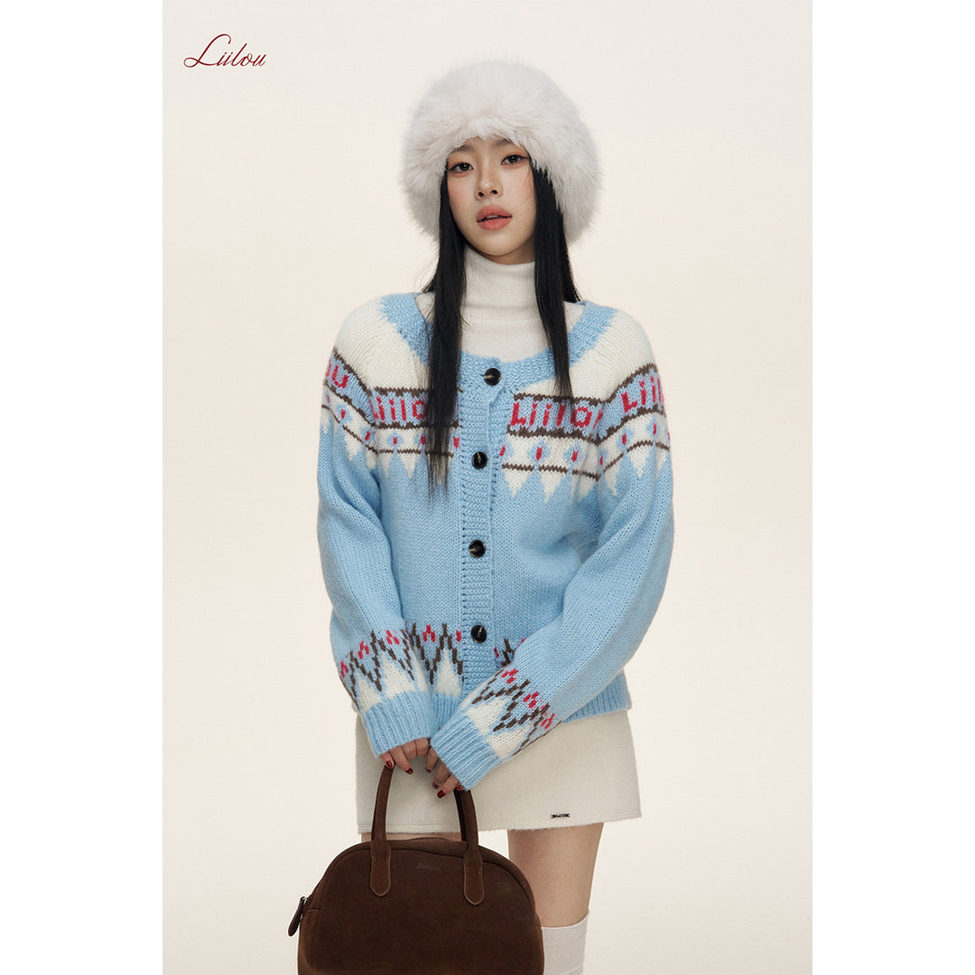 Liilou Fair Isle Jacquard Woolen Knit Cardigan Blue