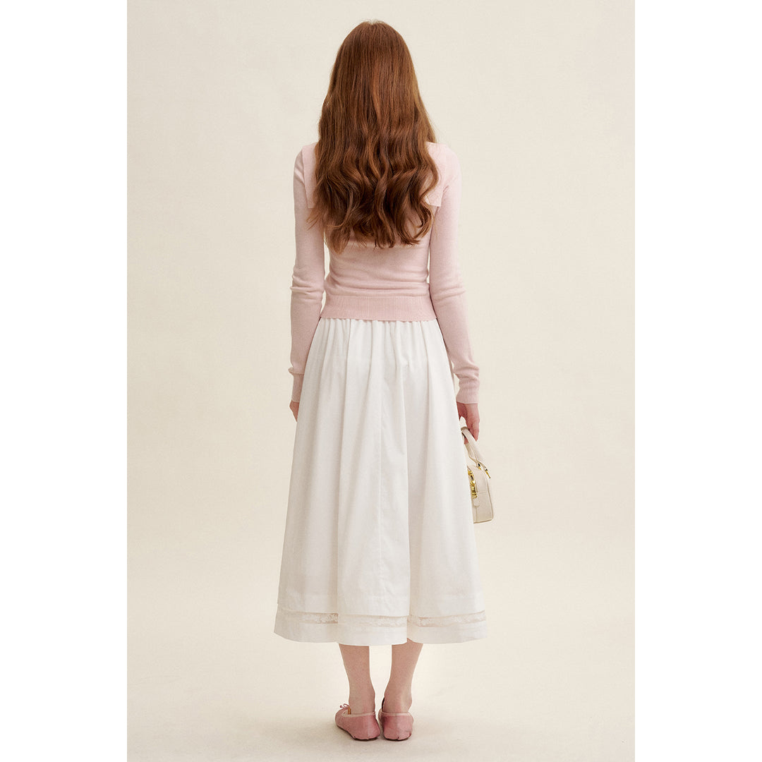 Kroche Lace Patchwork High Waist A-Line Long Skirt White