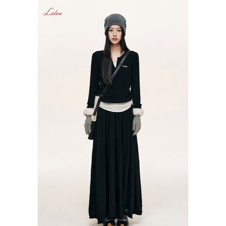 Liilou Fake-2-Piece V-Neck Woolen Knit Top Black