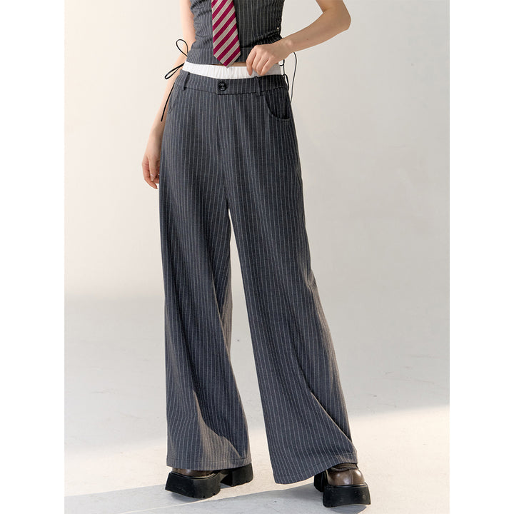 AsGony Double Waist Patchwork Striped Suit Pants