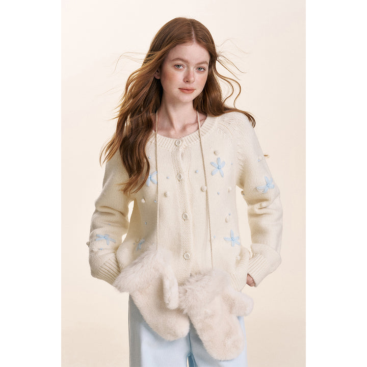 Kroche ﻿3D Hand Crochet Snow Round-Neck Knit Cardigan White