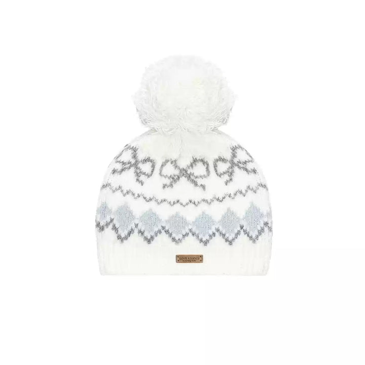 AsGony Fair Isle Hairball Beanie White