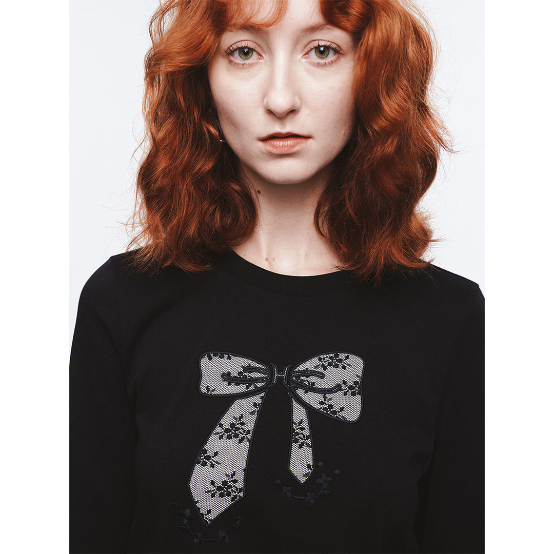 Herlian Bow Pattern Embroidery L/S T-Shirt Black