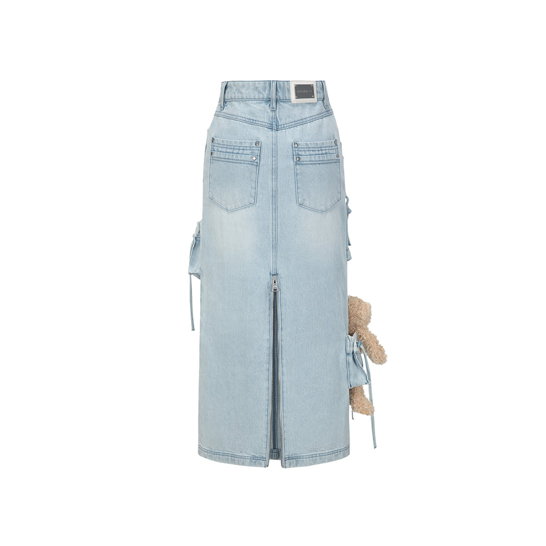 13De Marzo Bear Zipper Denim Cargo Long Skirt Light Blue