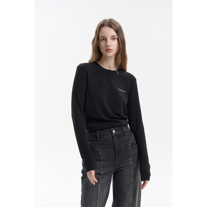 Three Quarters Hotfix Logo Tencel Wool Top Black