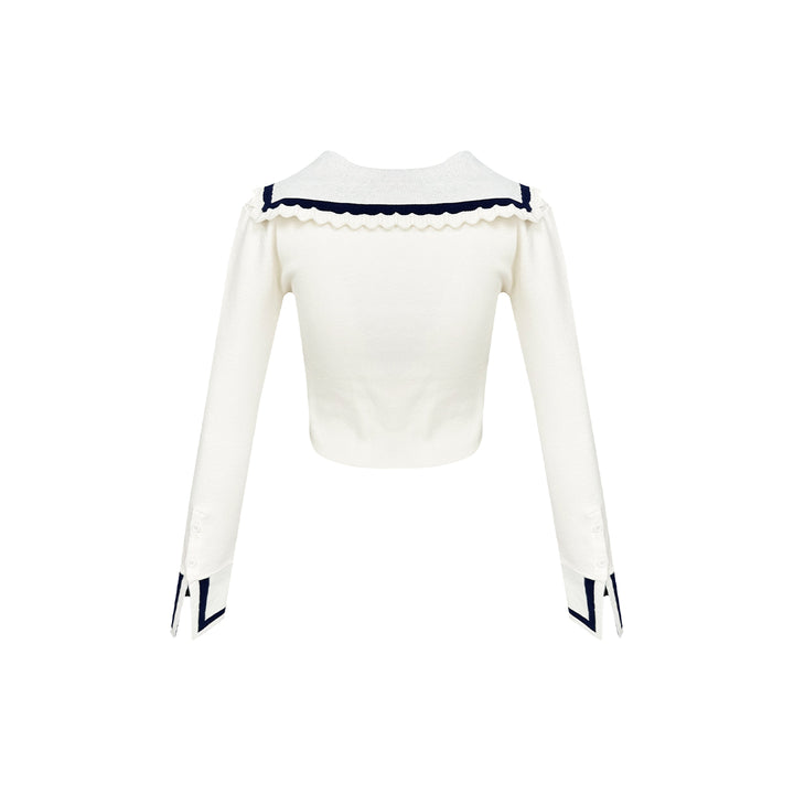 Kroche Color Blocked Bow-Knot Sailor Collar Knit Top White - Mores Studio