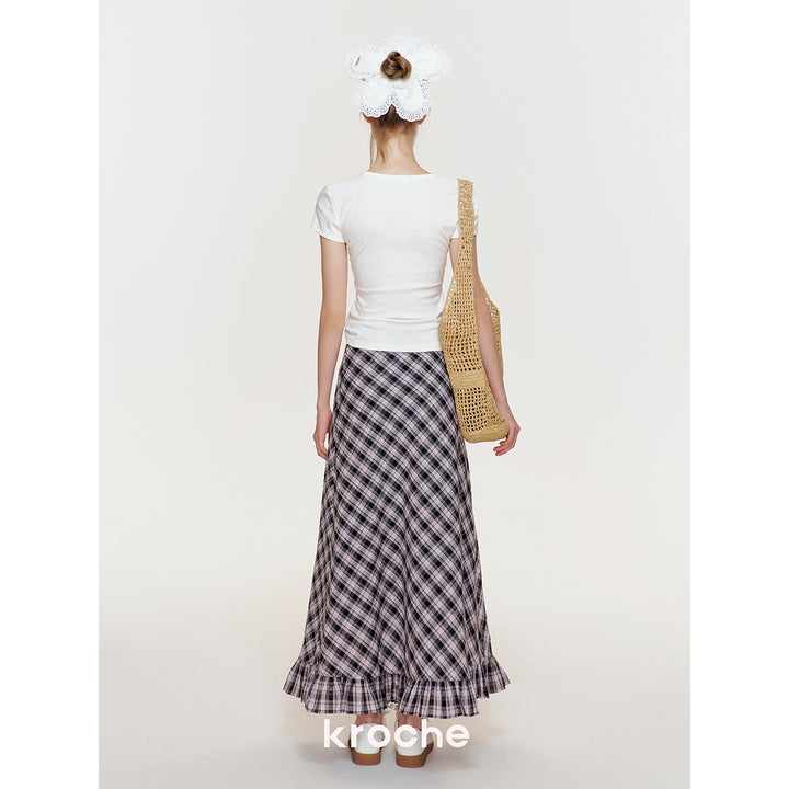 Kroche Wrinkle Hem High Waist Plaid Long Skirt