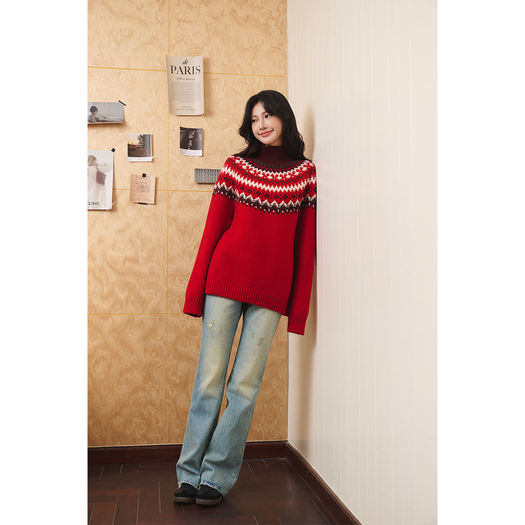 Three Quarters Fair Isle Jacquard Color Contrast High Collar Sweater Red